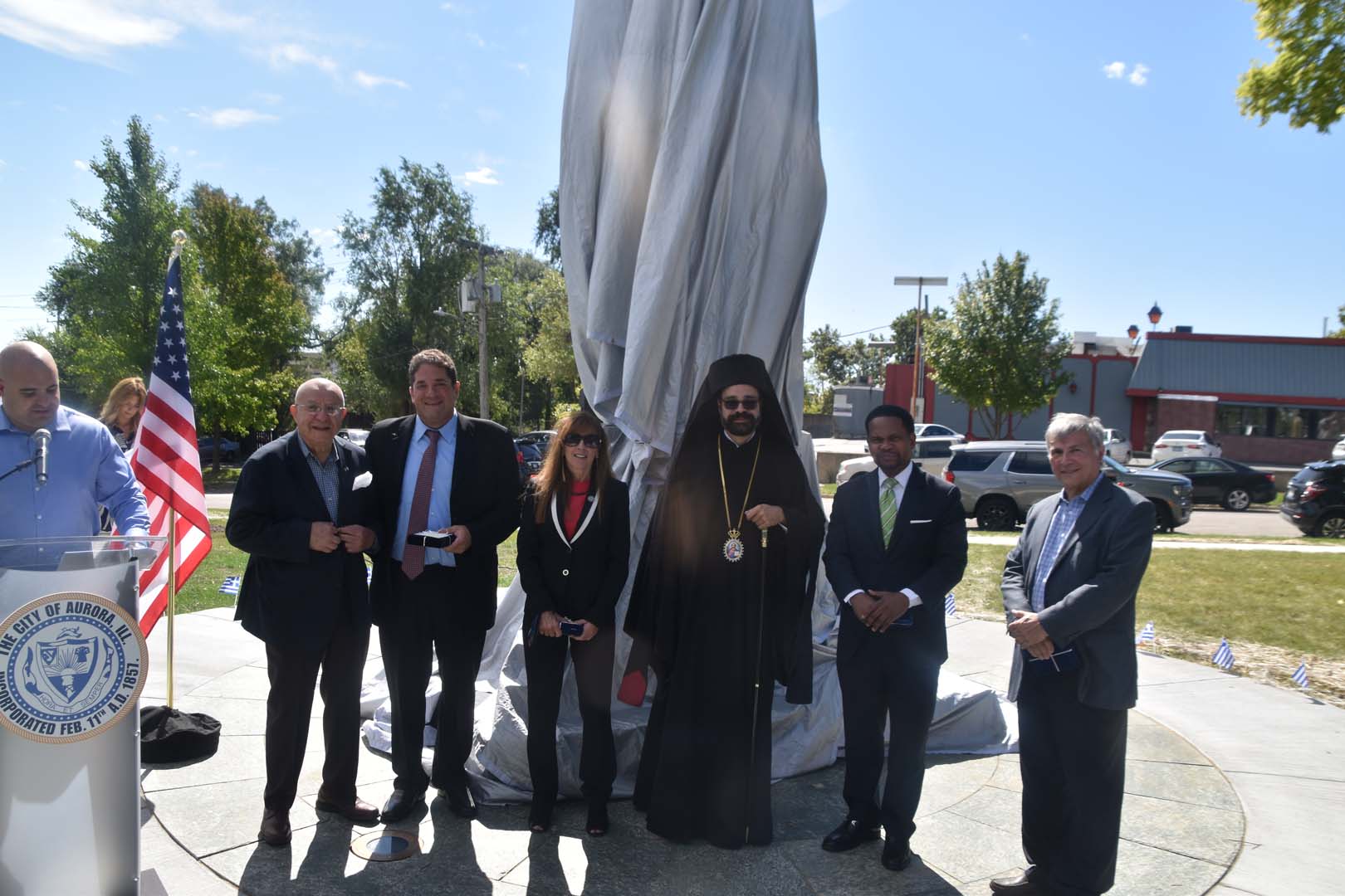 September 25th 2021 monument unveiled in Aurora Illinois - Panagiotis Nikolopoulos, Michael Poulakidas, Sen Holmes, Metropolitan Nathanael, Mayor Irvin, Peter Zouras
