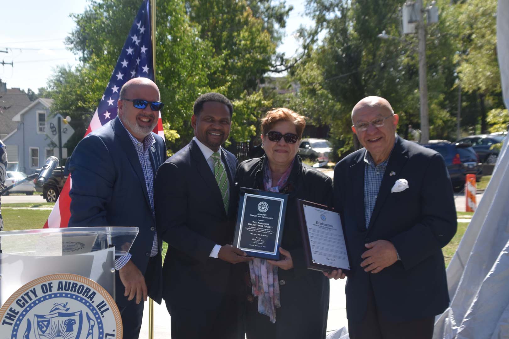 September 25th 2021 monument unveiled in Aurora Illinois - Alex Alexandrou, Mayor Irvin, Georgia Nikolopoulos, Panagiotis Nikolopoulos