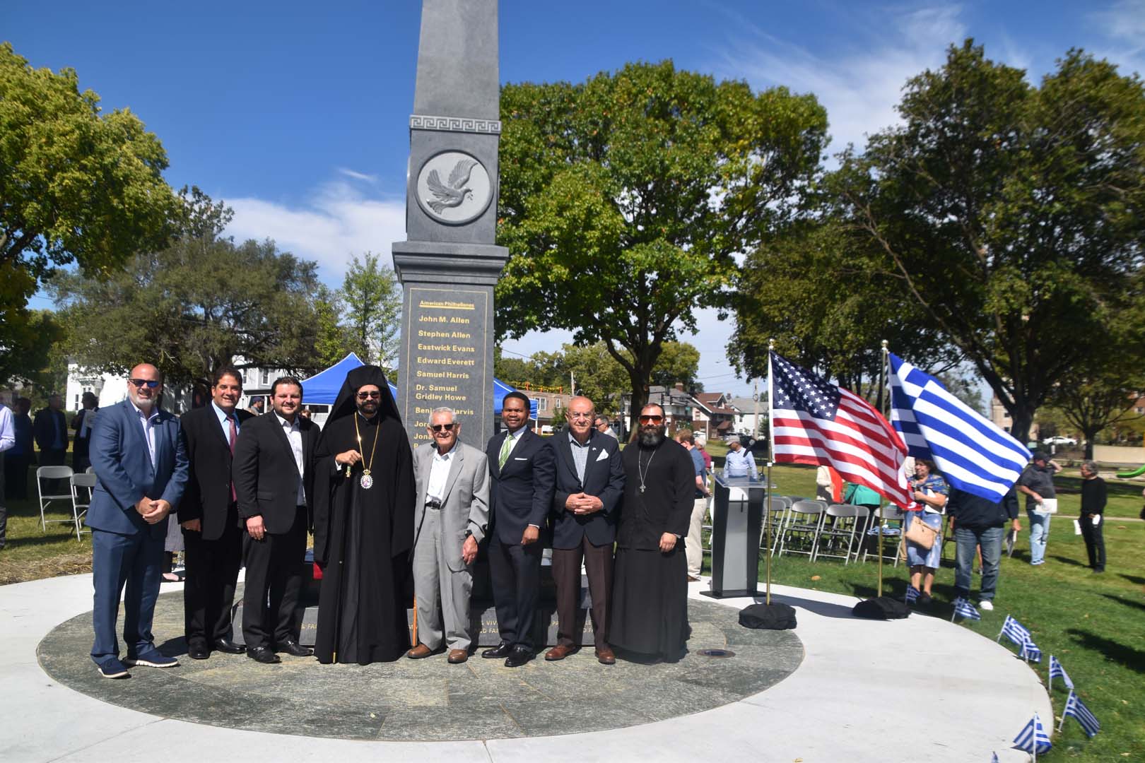 September 25th 2021 monument unveiled in Aurora Illinois - Alex Alexandrou, Michael Poulakidas, Foti Georgopoulos, Metropolitan Nathanael, John Poulakidas, Mayor Richard Irvin, Panagiotis Nikolopoulos, Fr. Panagiotis Boznos