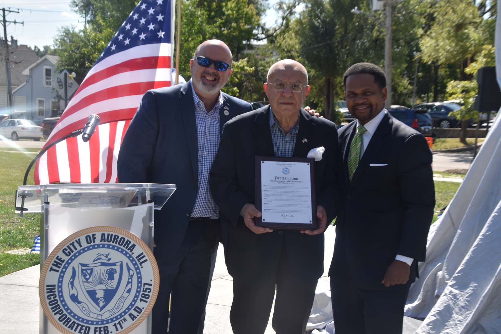 September 25th 2021 monument unveiled in Aurora Illinois - Alex Alexandrou, Panagiotis Nikolopoulos, Mayor Irvin with Proclamation for American Philhellenes Society Day in the City of Aurora, September 25, 2021