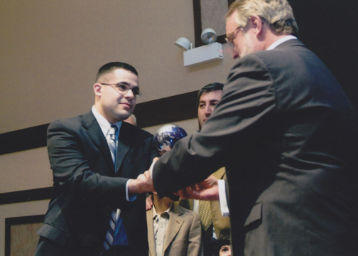 Konstantinos Nikolopoulos presenting gift to Mayor Thomas Weisner, Michael Bousis in background